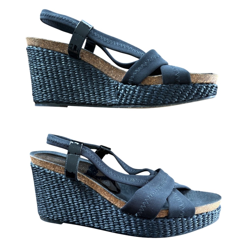 $198 DONALD PLINER Bowie Black Wedge Woven Sandals Cork Leather Made in Spain 9M
